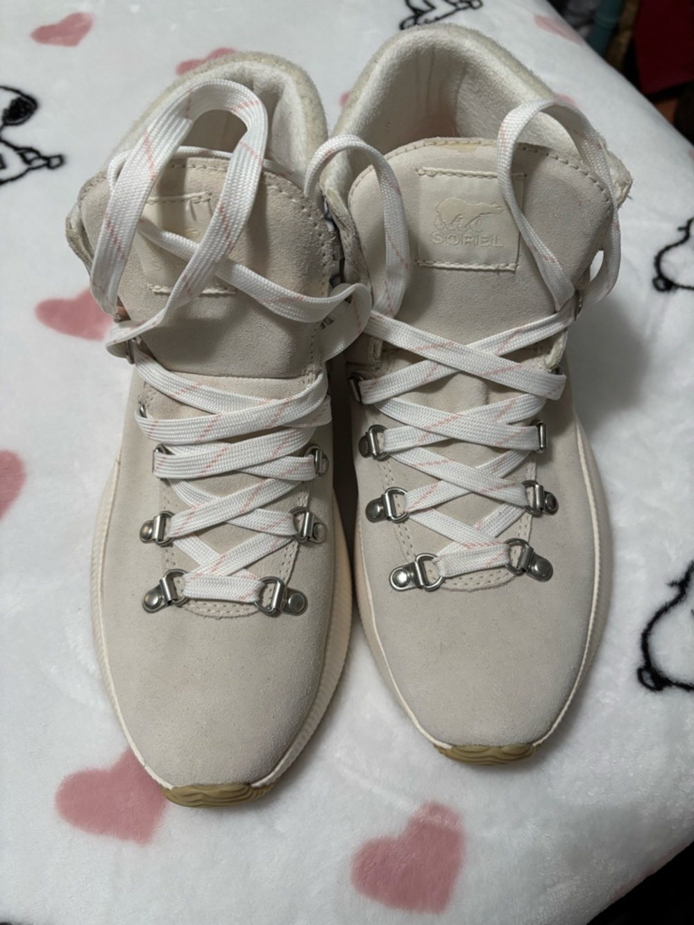 Sorel Women's Cream Suede Lace-Up Hiker Sneakers with Pink trim